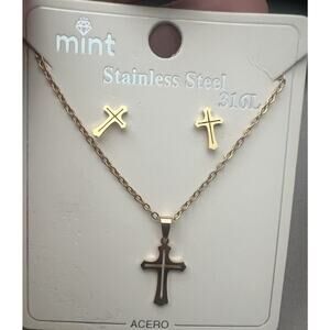 Gold Tone Stainless Steel Cross Necklace And Earring Set